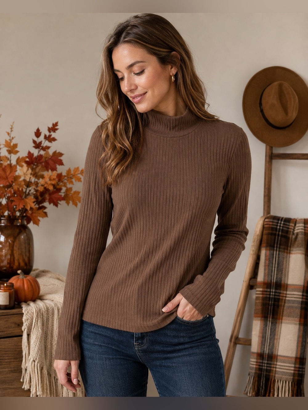 Christian Siriano New York Brown Ribbed Mock Neck Top Women’s M Modal Stretch